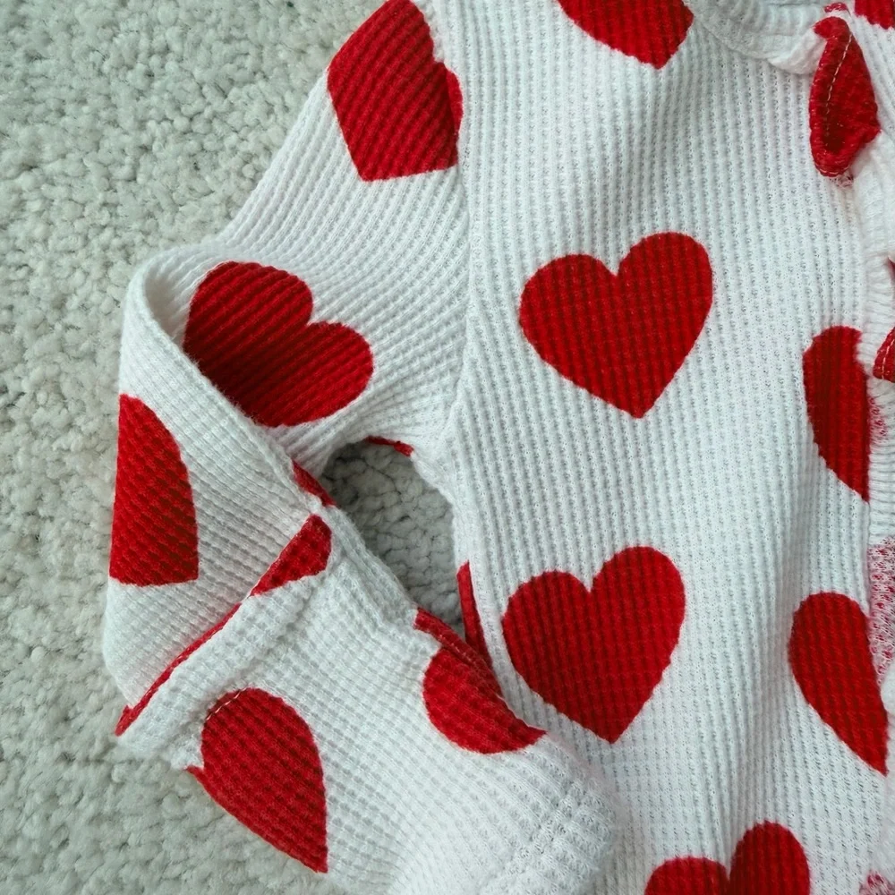 Spearmint Love Red Heart Waffle Knit Ruffled Footed One Piece - Picture 7 of 11